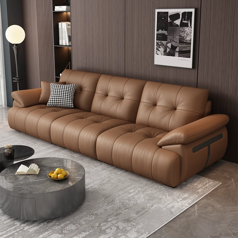 棕色面包云朵真皮沙发客厅大小户型轻奢简约直排皮艺沙发头层牛皮