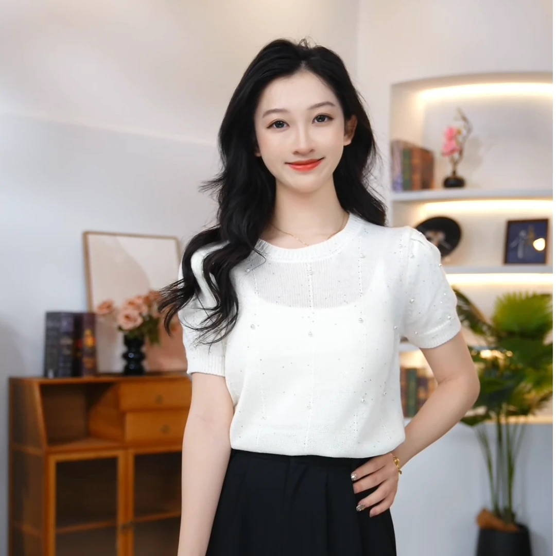 【曼贝】短袖夏季薄款针织衫洋气白色珍珠精致时尚百搭通勤【月月】