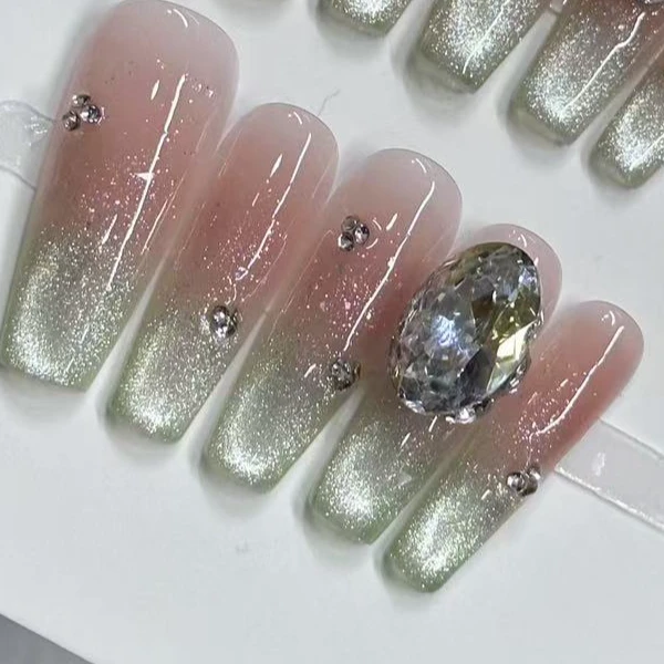 手工穿戴甲显白猫眼温柔马卡龙色美甲夏日中长款