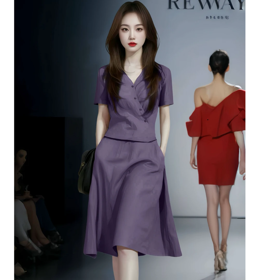 SS913紫色两件套装半裙夏季洋气减龄遮肚子显瘦上下分体腰裙套装