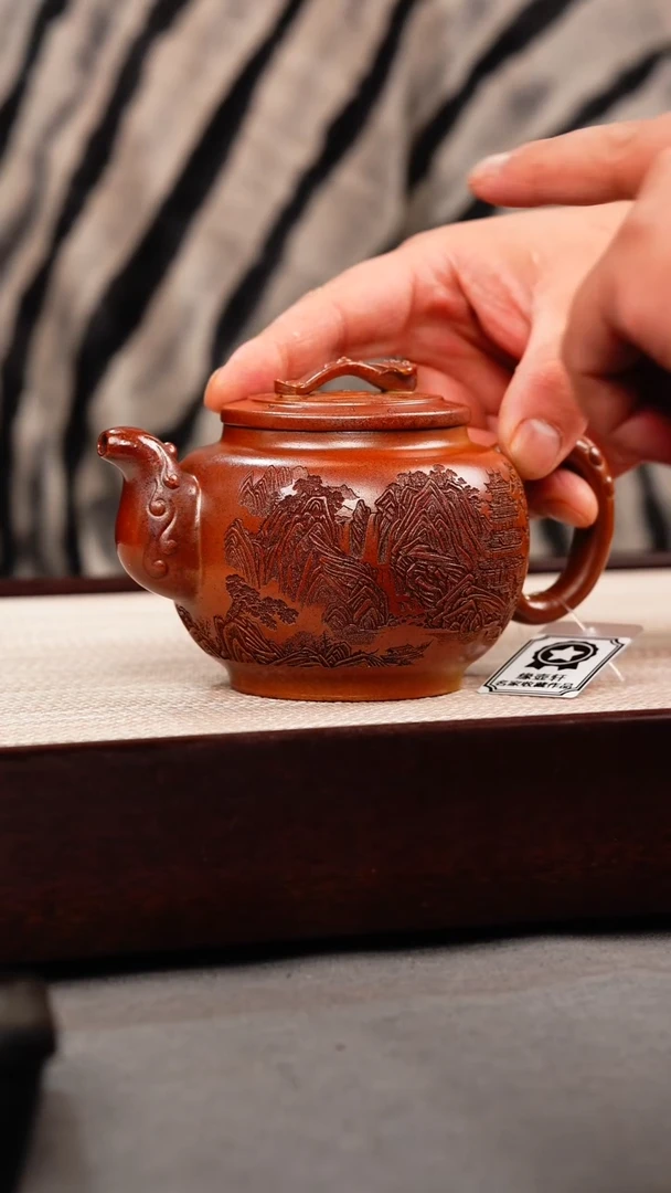 茶壶紫砂火云烧 如意鼓壶 刻绘