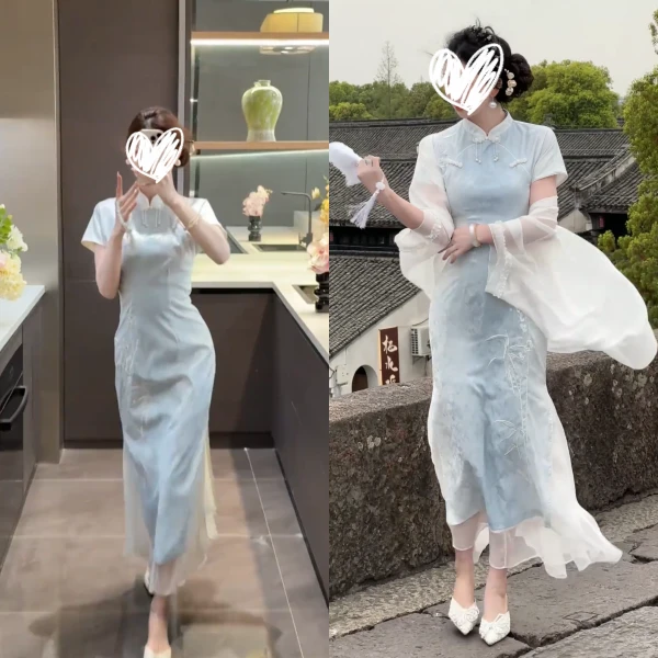 新中式国风改良刺绣旗袍裙温柔风超好看修身包臀连衣裙2025年夏季