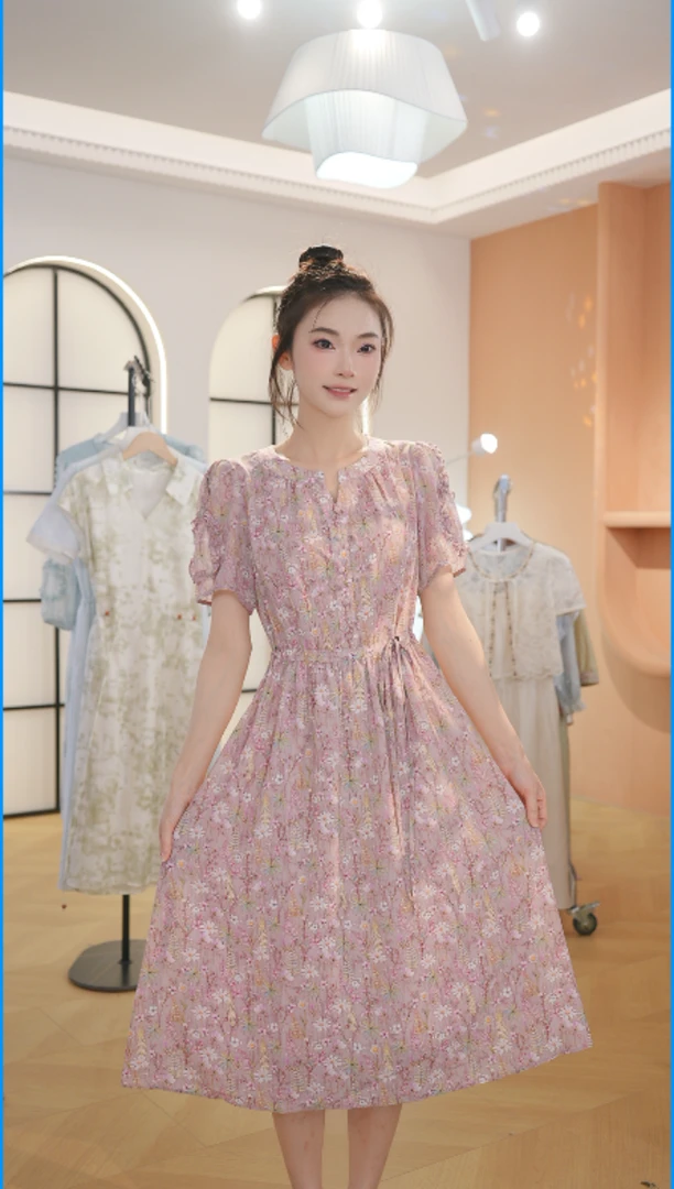 Z8325夏新款气质碎花夏季连衣裙轻奢时尚收腰中长款裙子