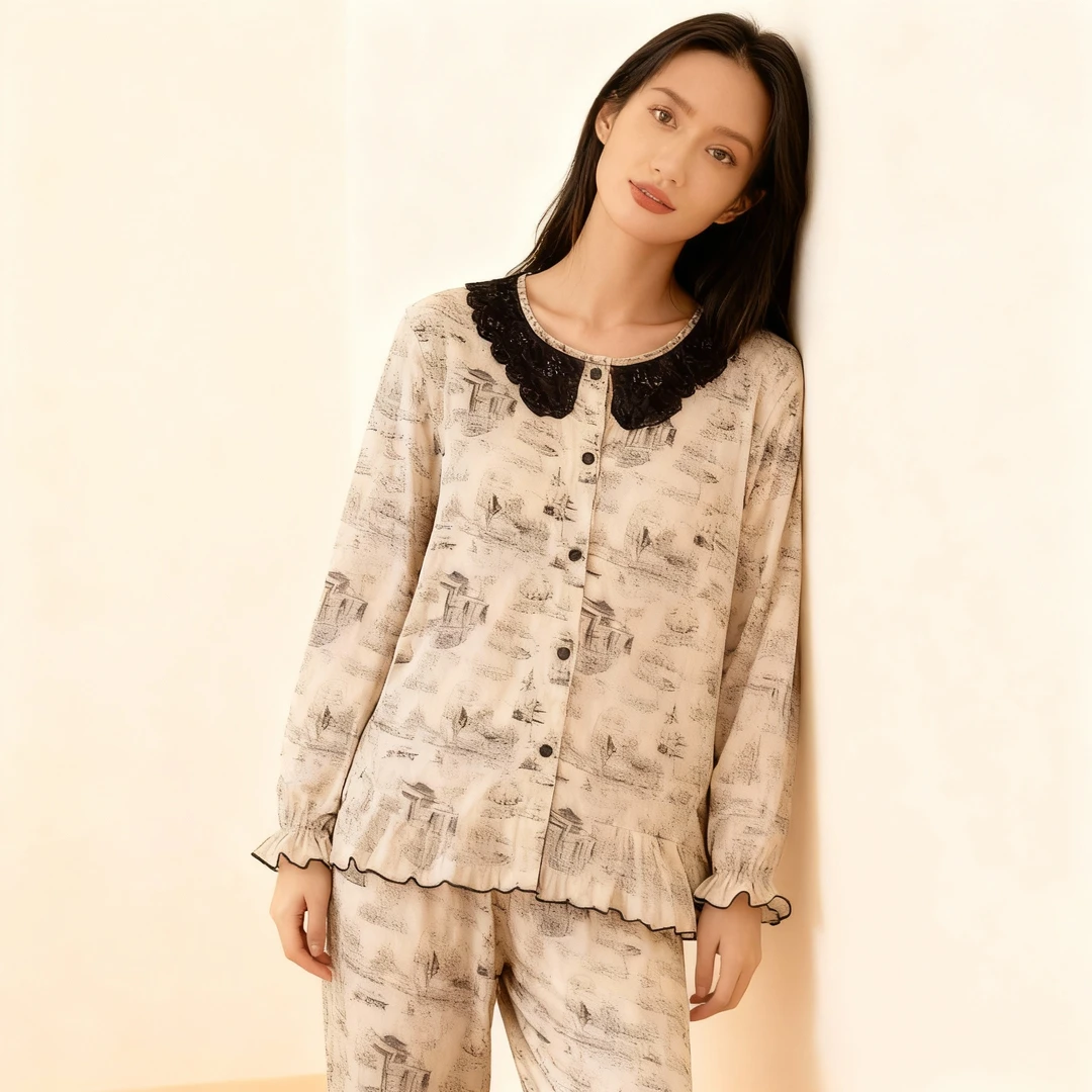 冬季加厚睡衣女新款爆款长袖长裤家居服（水墨画蕾丝边）
