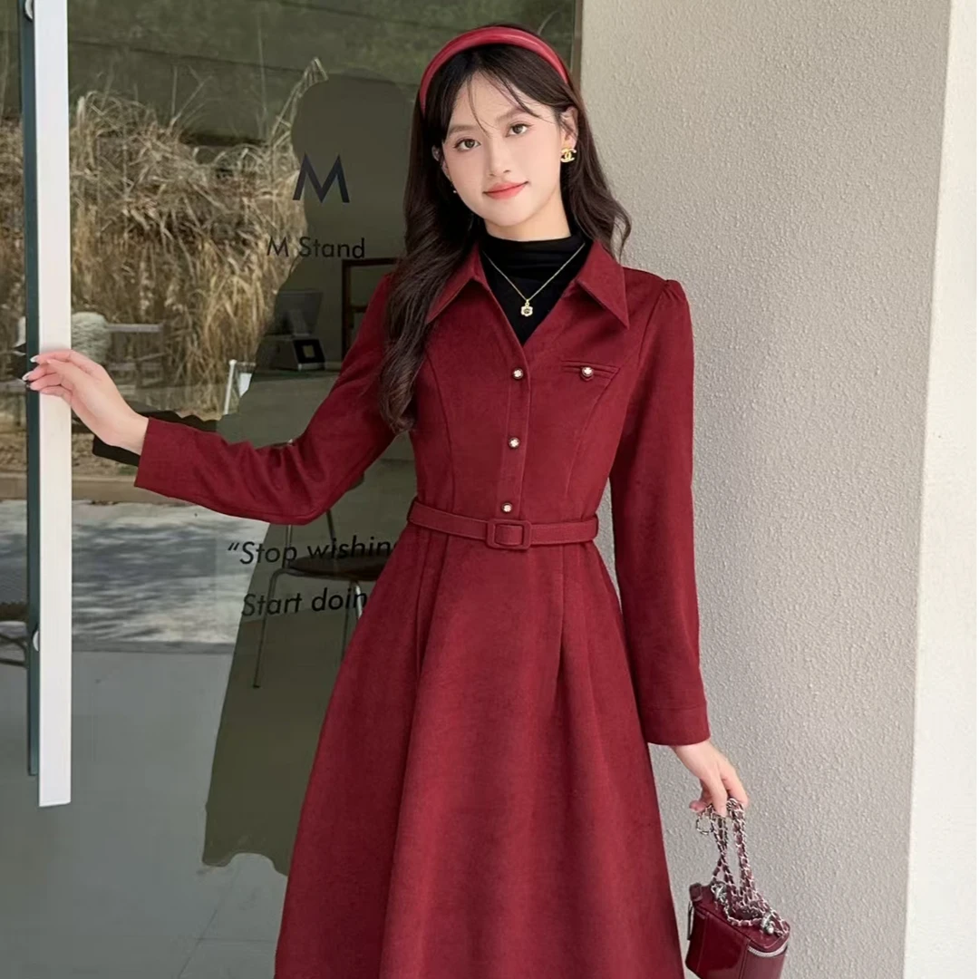 【芊朵 】高级感气质通勤减龄假两件时尚收腰系带显瘦长袖连衣裙女