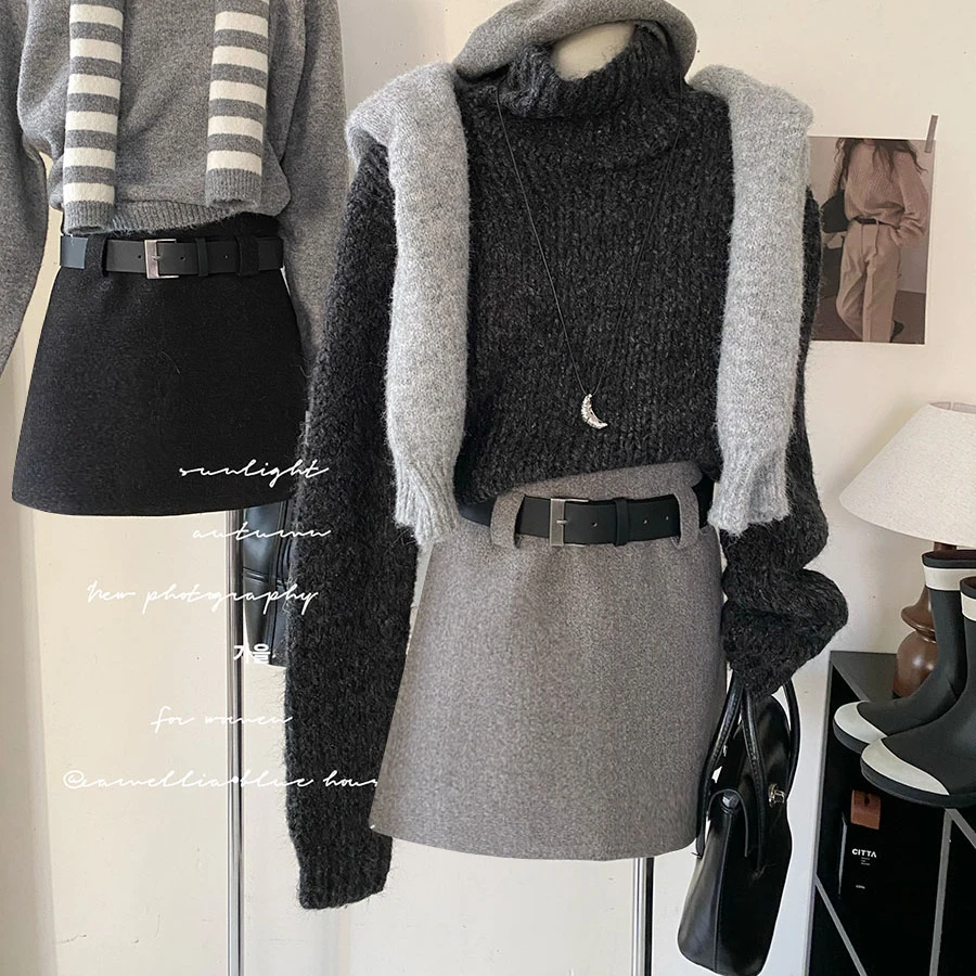 加厚高腰毛呢半身裙女2024秋冬季新款高腰显瘦小众包臀短裙子chic