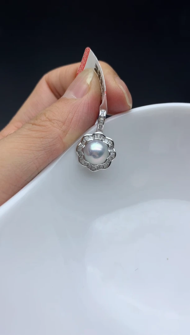 银S925镶嵌ff海水珍珠akoya灰珠吊坠（赠链）8~9mm