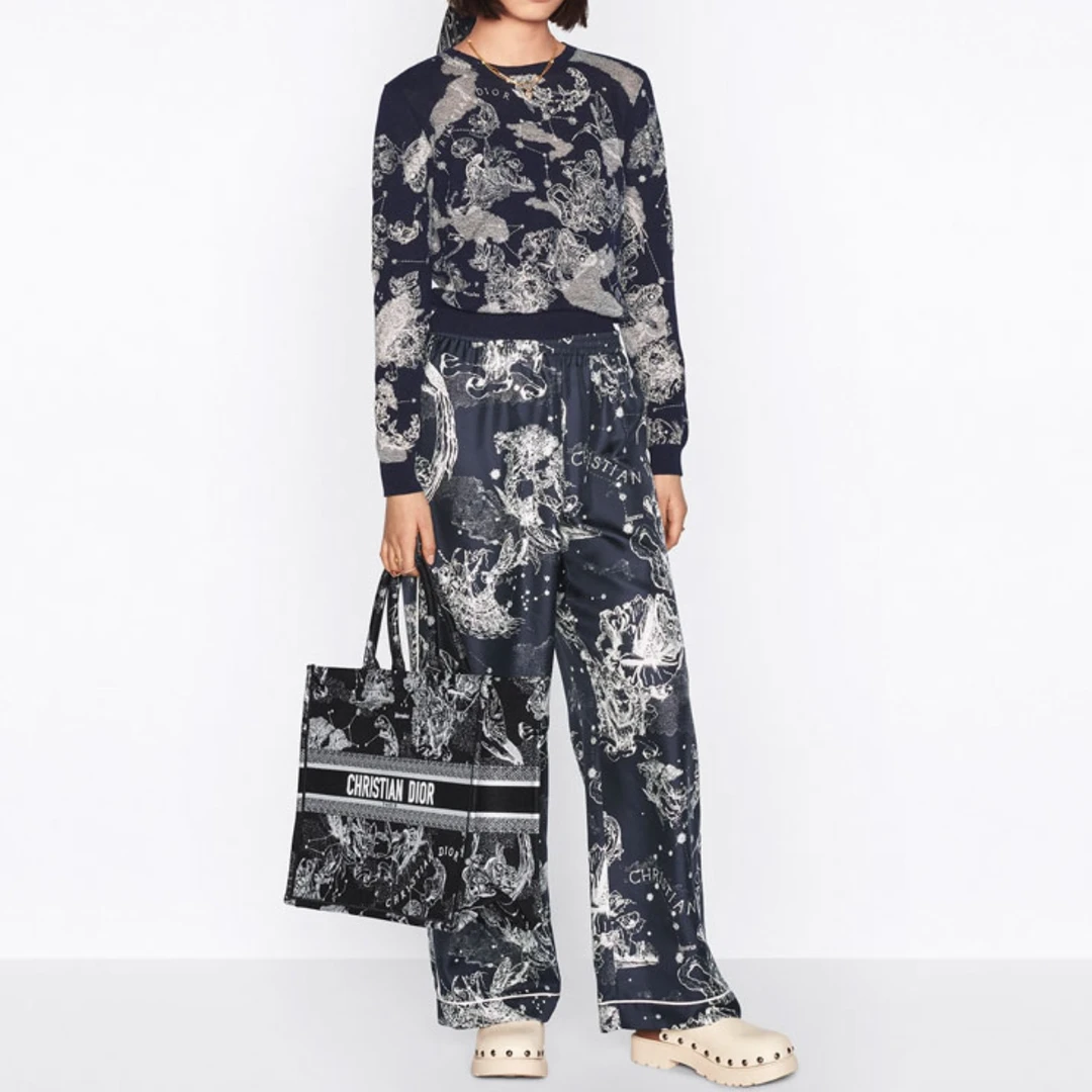 全新未使用 DIOR/迪奥 女士星座系列藏蓝色桑蚕丝长裤129254休闲