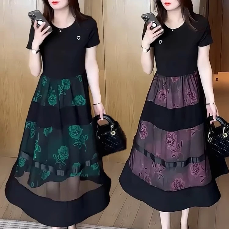 时尚连衣裙女2025夏季新款洋气显瘦拼接中长款假两件短袖网纱裙潮