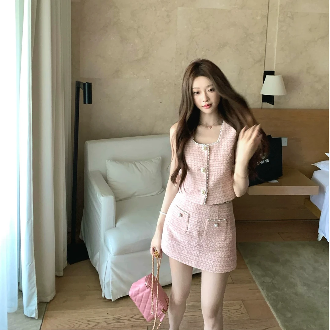 韩系别致独特小香风时尚套装夏甜辣高级感无袖上衣配气质显瘦短裙