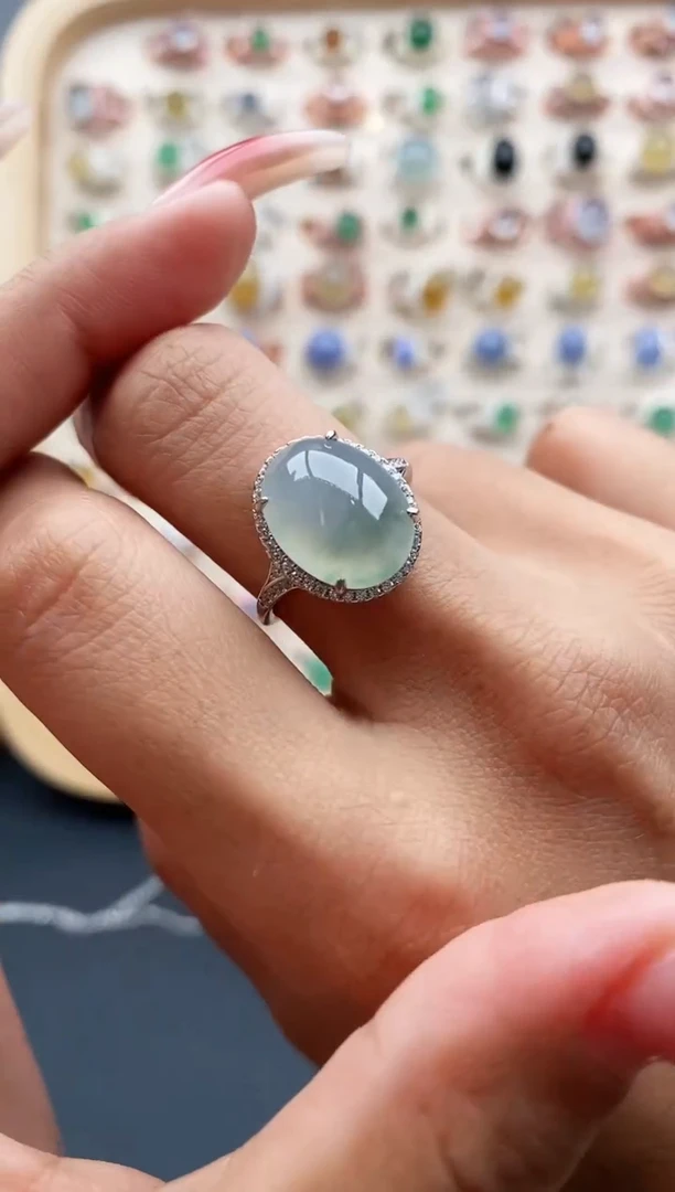 【闪购商品】翡翠戒指银S925镶嵌缅甸天然A货翡翠111 7+10