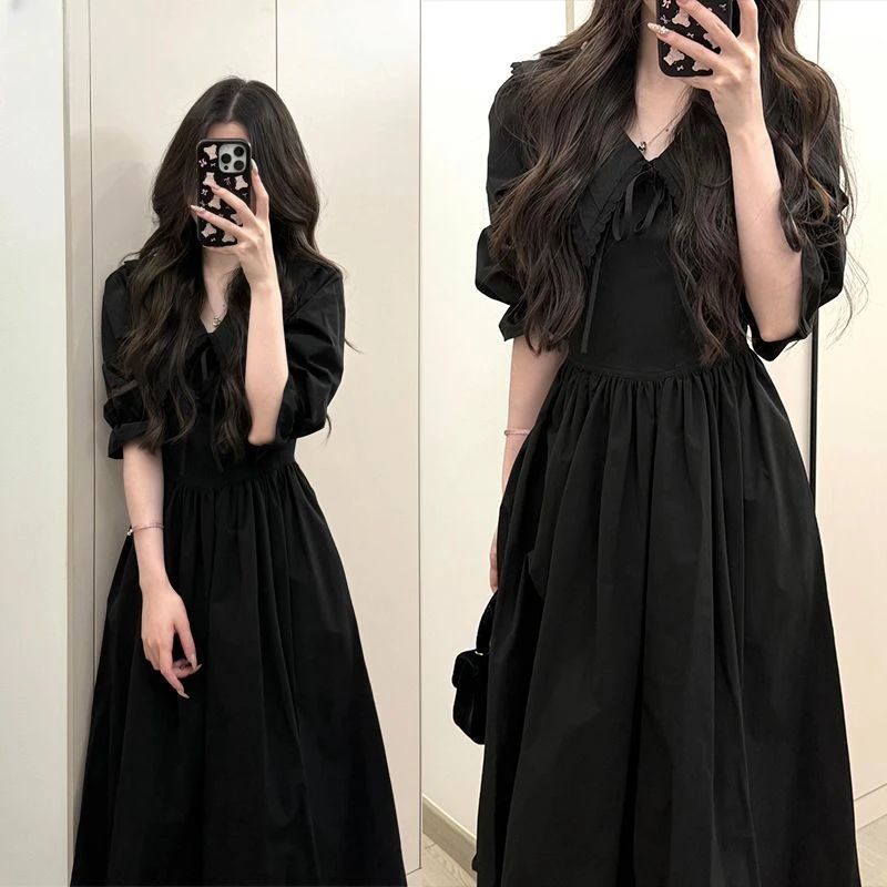 黑色v领长袖连衣裙女夏巨好看掐腰长裙赫本风小黑裙子早秋季穿搭