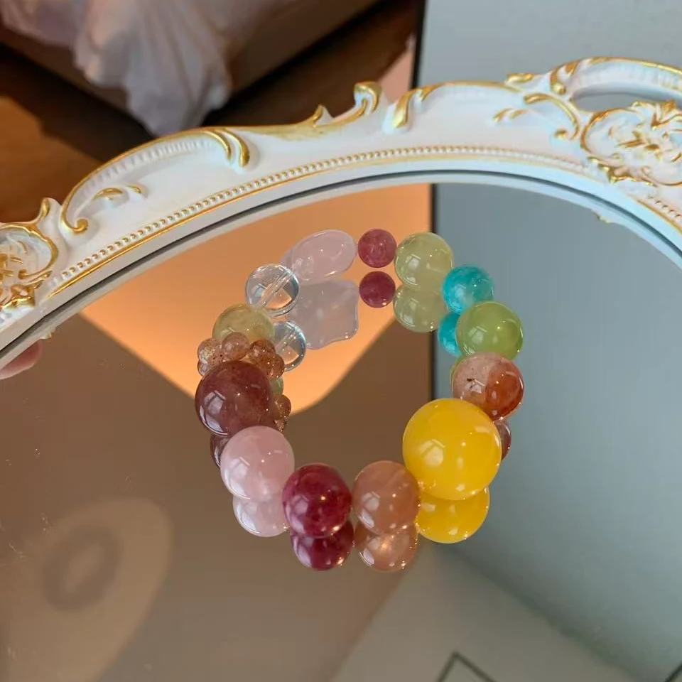 多宝大蜜蜡大星小粉花水晶女款氛围感手串多样性发其一