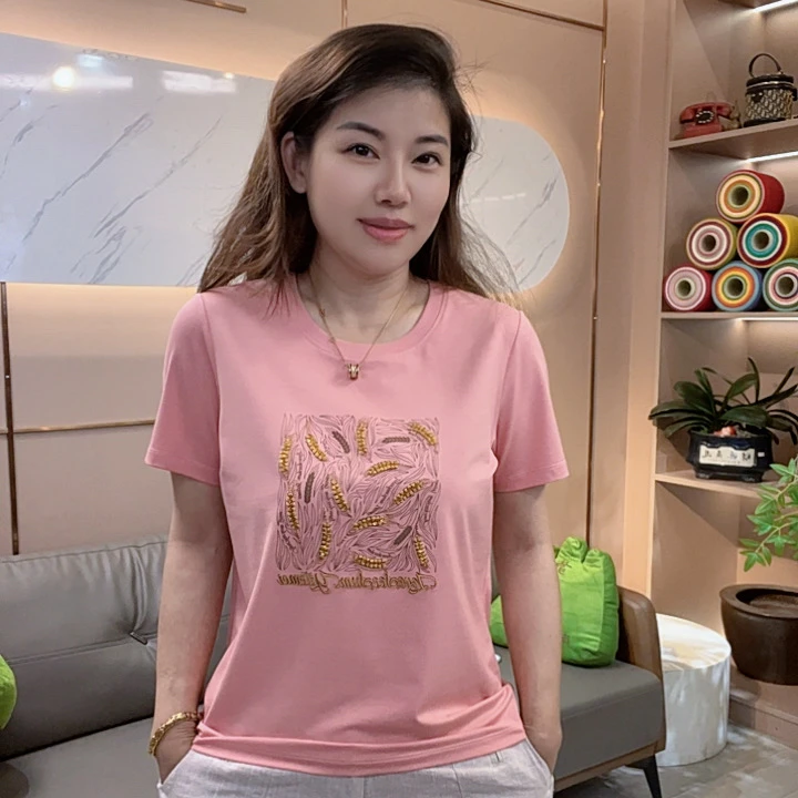 怡特美【穗穗平安】夏季兰精莫代尔+棉刺绣麦穗圆领短袖T恤259838