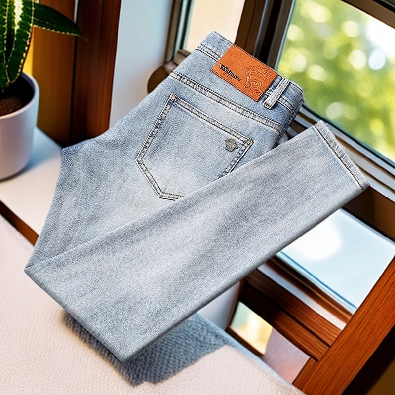 娜罗普西浅蓝色牛仔裤男简约潮牌磨白水洗青年弹力修身小直筒长裤