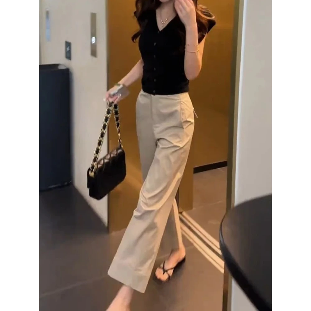 时尚套装2025夏季新款轻熟风显瘦洋气短袖卡其色长裤两件套