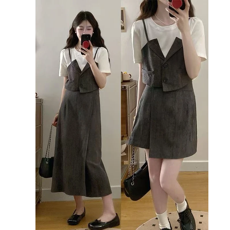 2025年大码夏女装气质正肩假两件拼接短袖+A版高腰两件套裤裙1604