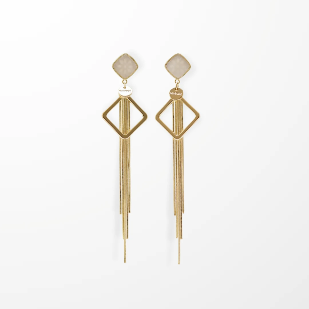 铜合金耳饰 金色几何小方块流苏设计感耳饰小众百搭耳环长款