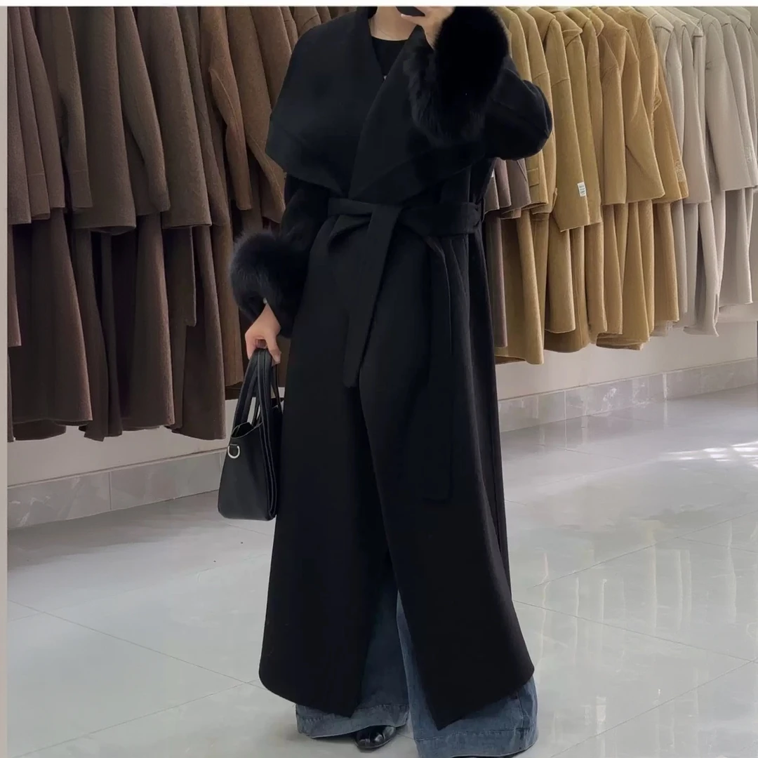【BUWAN定制】宽边领正肩袖宽松双面羊毛新款狐狸毛袖大衣