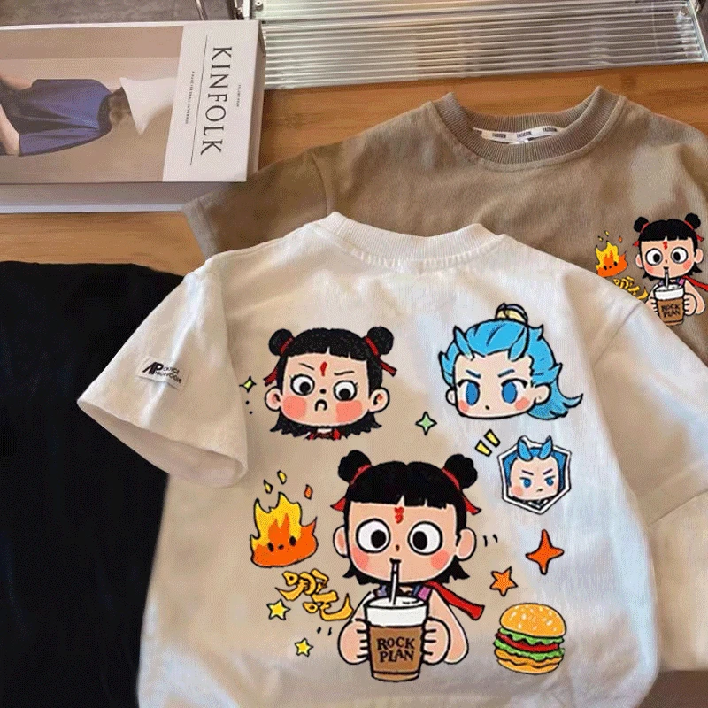 哪吒夏季儿童T恤短袖动漫印花半袖百搭亲子装打底衫上衣中小童