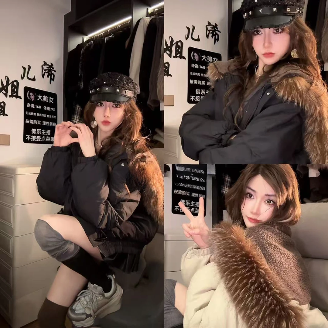 【安欣专属】冬季新款牛角扣连帽大毛领服女宽松加厚派克服外套