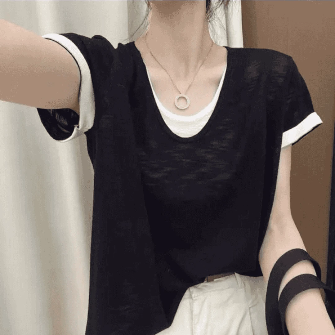冰感透气假两件不规则夏季薄款v领T恤宽松上衣显瘦百搭洋气衣服女