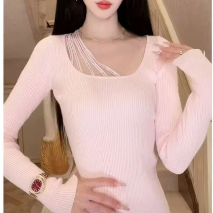 淑雅阁服饰  钉珠长袖针织修身毛针织衫蝴蝶结针织衫上衣68503