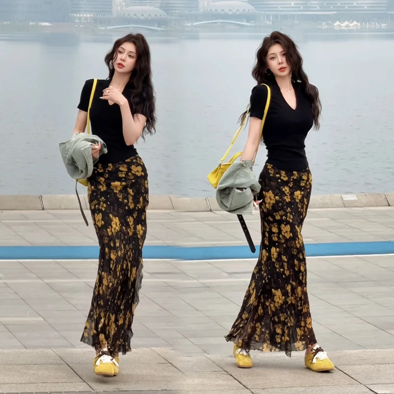 时尚套装长款气质休闲风开叉辣妹风半身裙轻熟风印花女神显瘦上衣