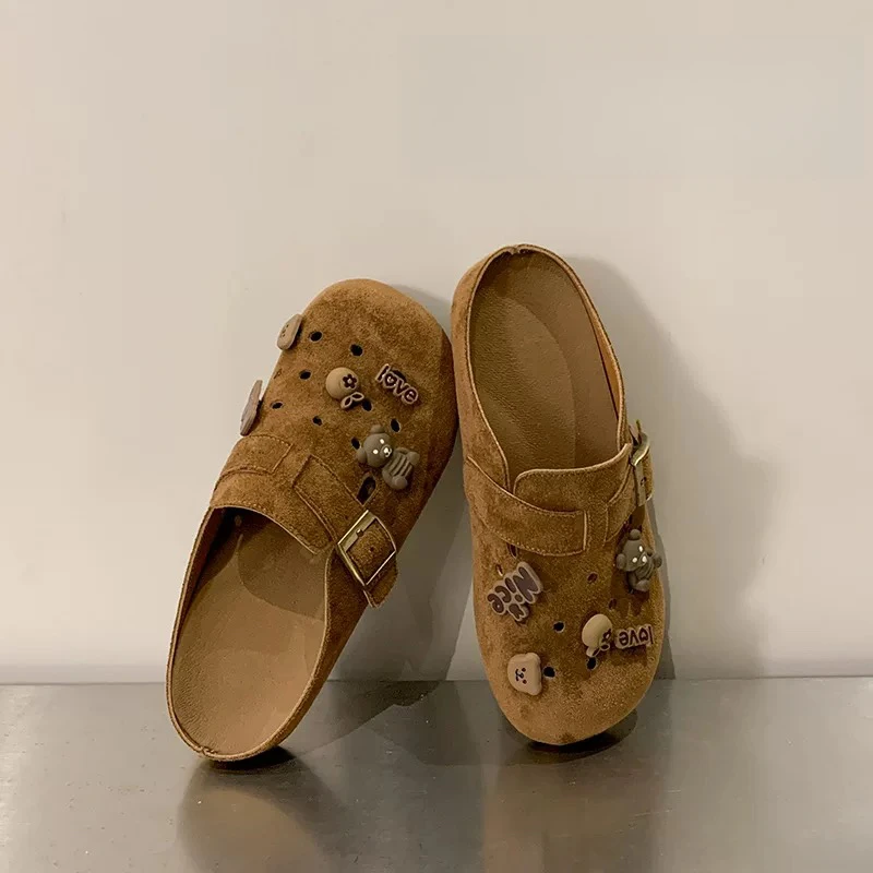 三福真皮厚底洞洞勃肯鞋女夏外穿2025新款一脚蹬软底博肯包头拖鞋