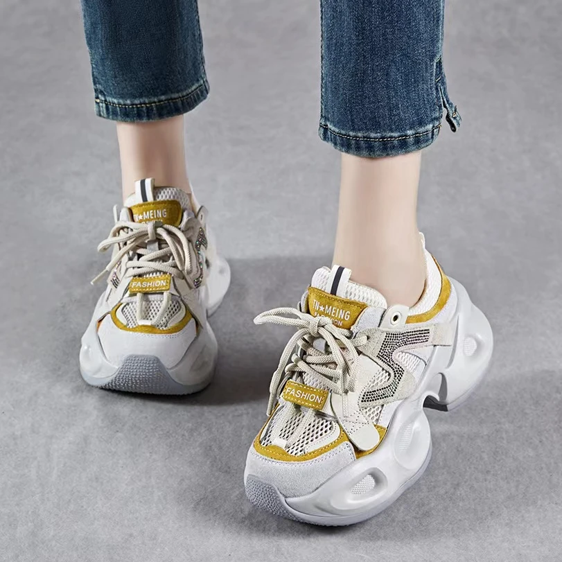 7688妞夏季新款牛皮厚底增高亮钻时尚单鞋网面拼接透气圆头老爹鞋