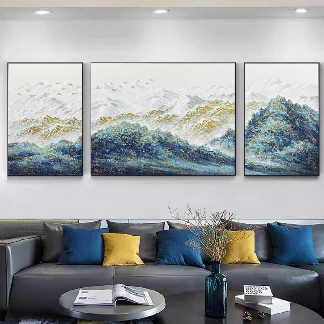 《三联·孔雀蓝金山》砂岩肌理感装饰画玄关餐厅床头高端大气客厅