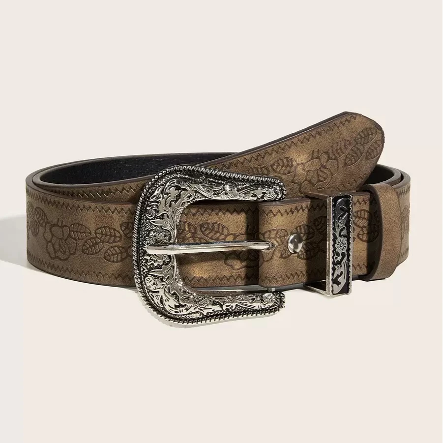 欧美风辣妹日常棕色纹理小众百搭针扣腰带特别印花图案带男女通用