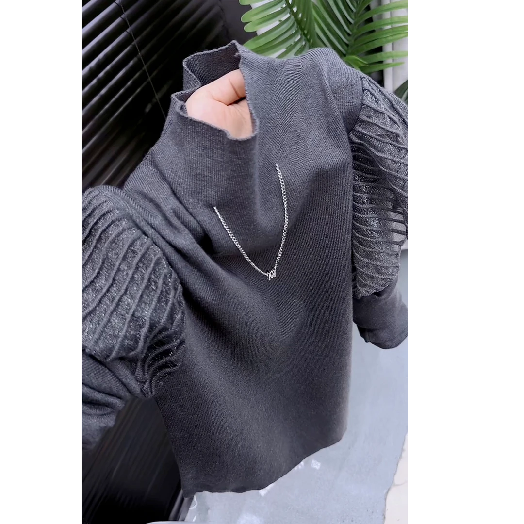 欧货秋冬新款链条半高领长袖网纱荷叶边拼接打底针织衫上衣女