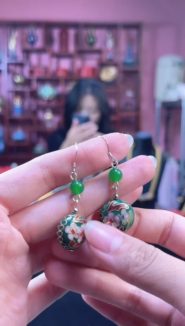 非遗 景泰蓝耳饰 扁珠老墨绿色