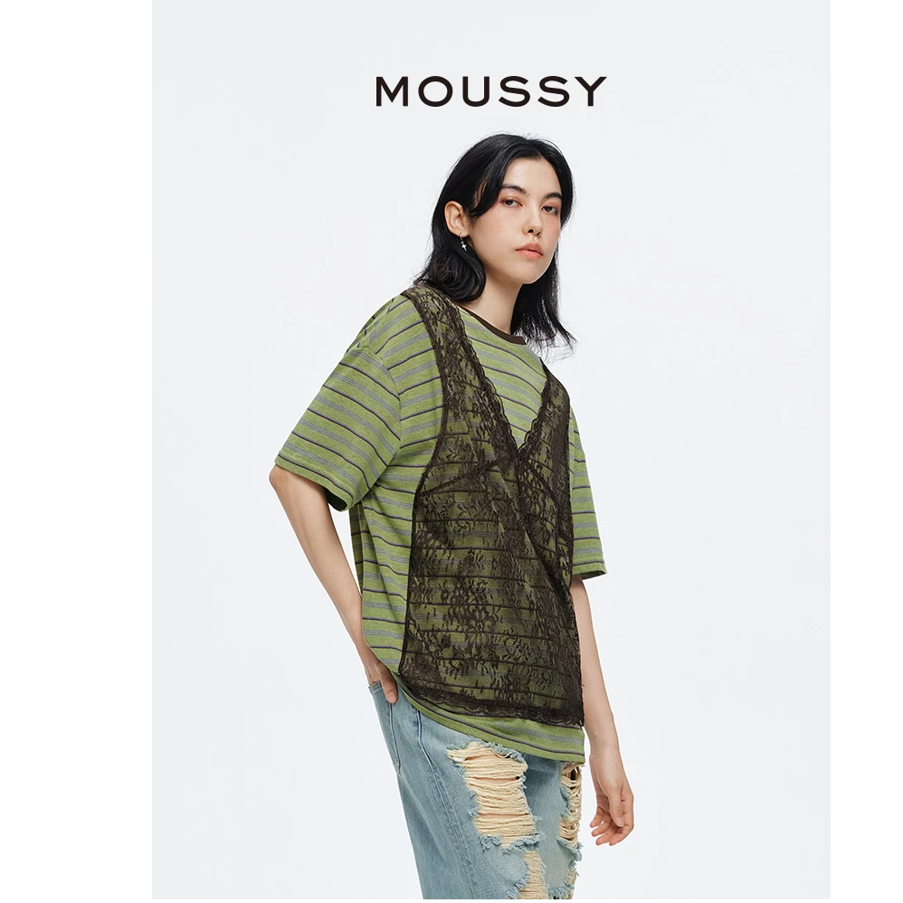 moussy夏季新品复古风蕾丝假两件条纹短袖T恤穿搭028ISA90-0004