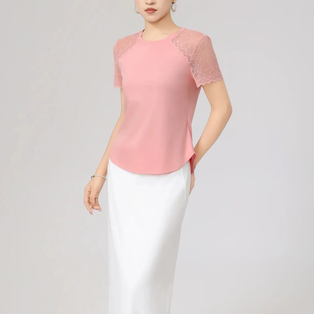 AMASS/阿玛施时尚百搭夏季纯色圆领气质初秋穿搭低圆领蕾丝上衣