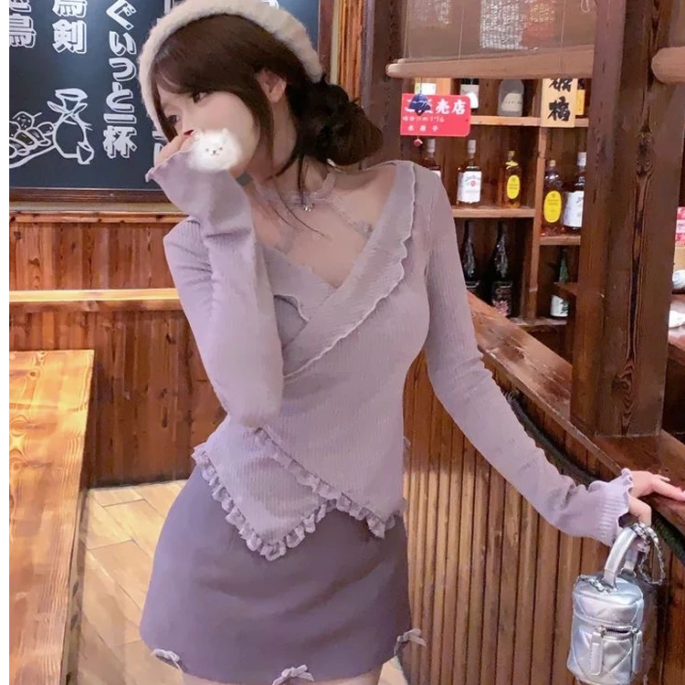 紫雾星河 春季新款纯欲显瘦蕾丝甜美上衣短裙蝴蝶结