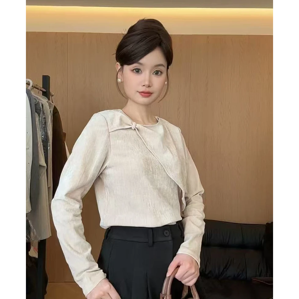 韩版不规则扭结圆领长袖衬衫女秋冬显瘦内搭丝绒上衣