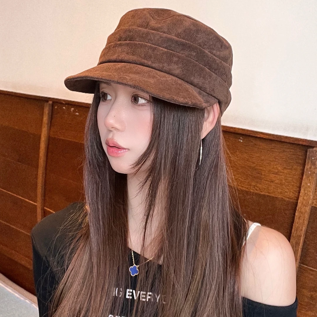时尚纯色马术帽麂皮绒平顶鸭舌帽女休闲日系八角帽显脸小大头围