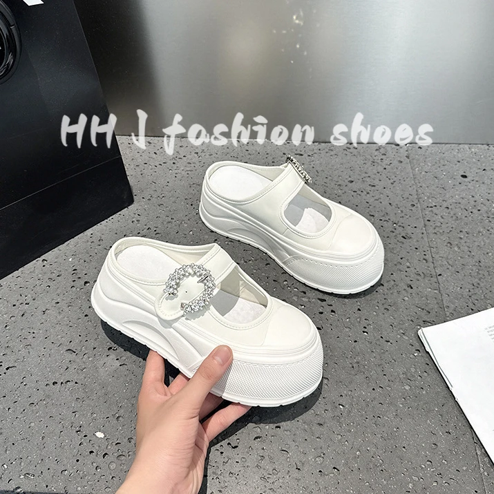 丑萌大头休闲小白鞋女2025夏季新款包头拖松糕厚底懒人外穿半拖鞋