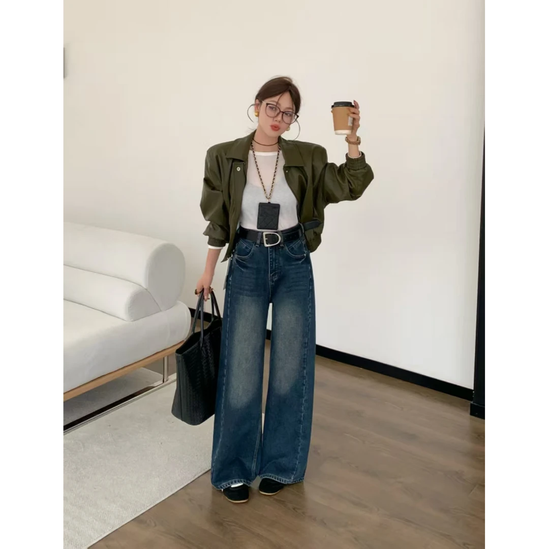 1040-1千炫女装新款秋冬加绒高腰显瘦休闲阔腿牛仔裤