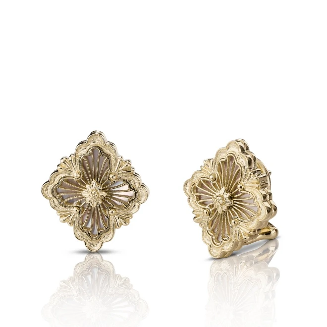 未使用 BUCCELLATI/布契拉提 小花6枫 耳环白色母贝大号18K黄金
