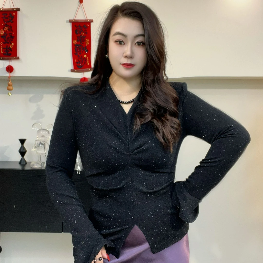 V领亮闪收腰弹力网纱上衣开叉显瘦长袖时尚黑色ins修身打底衫