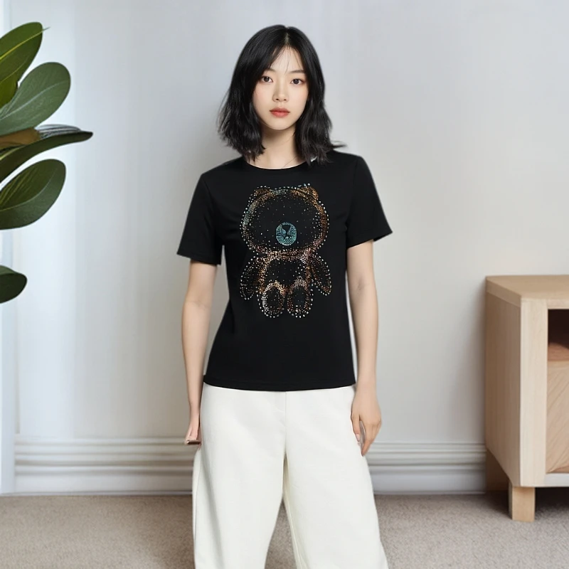 南油春夏款精梳棉休闲时尚欧货宽松版洋气圆领气质百搭烫钻T恤