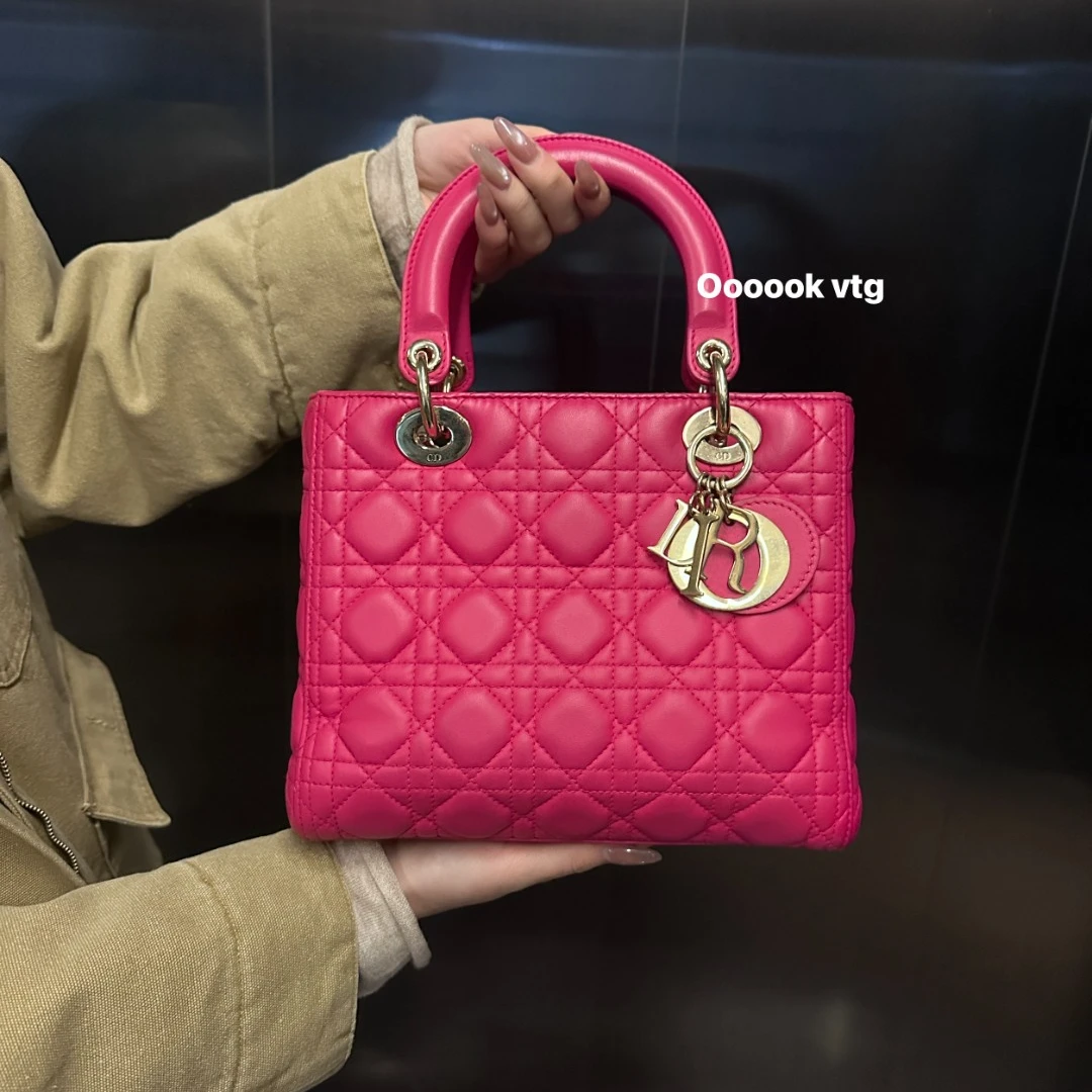 95新 DIOR/迪奥 CS8002 Dior迪奥 玫瑰色戴妃五格羊皮金扣单肩包