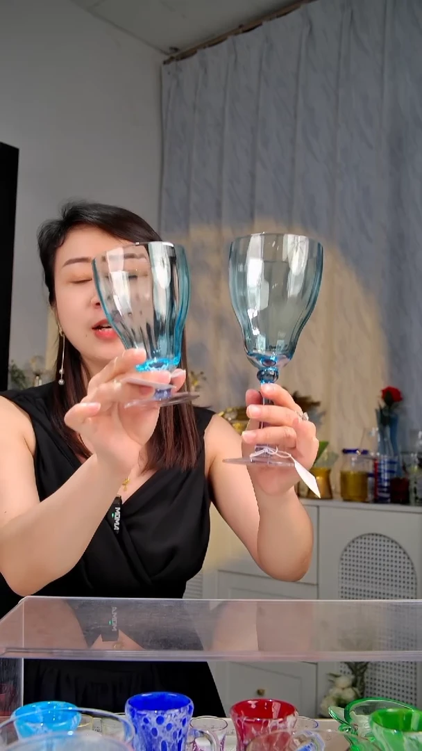 平底款水晶玻璃2只蓝色1高1矮