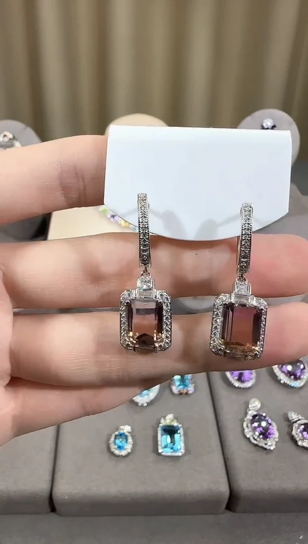 银S925镶嵌耳饰水晶10*8mm紫黄晶耳扣