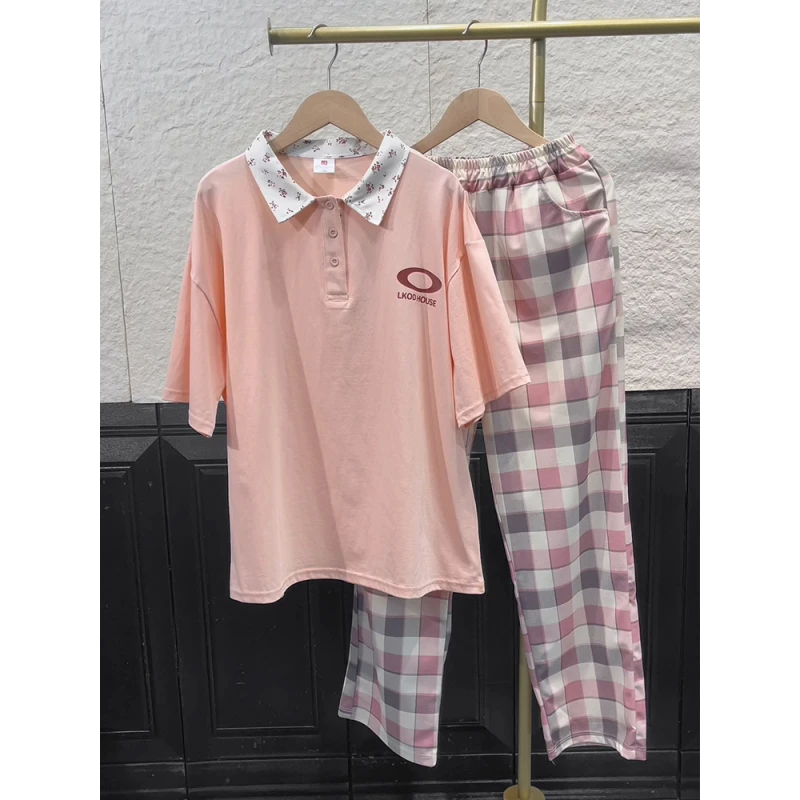 多巴胺慵懒风套装甜美休闲女夏季拼接短袖polo领阔腿裤宽松两件套