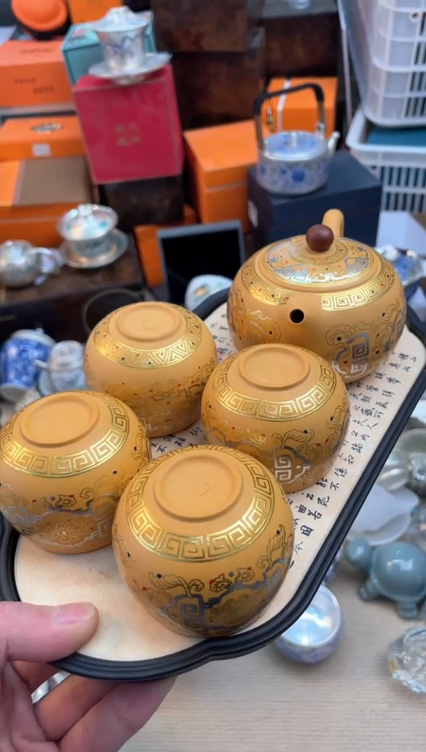 【闪购商品】瓷片@@@@@@@@黄金金银错一壶四杯带茶盘