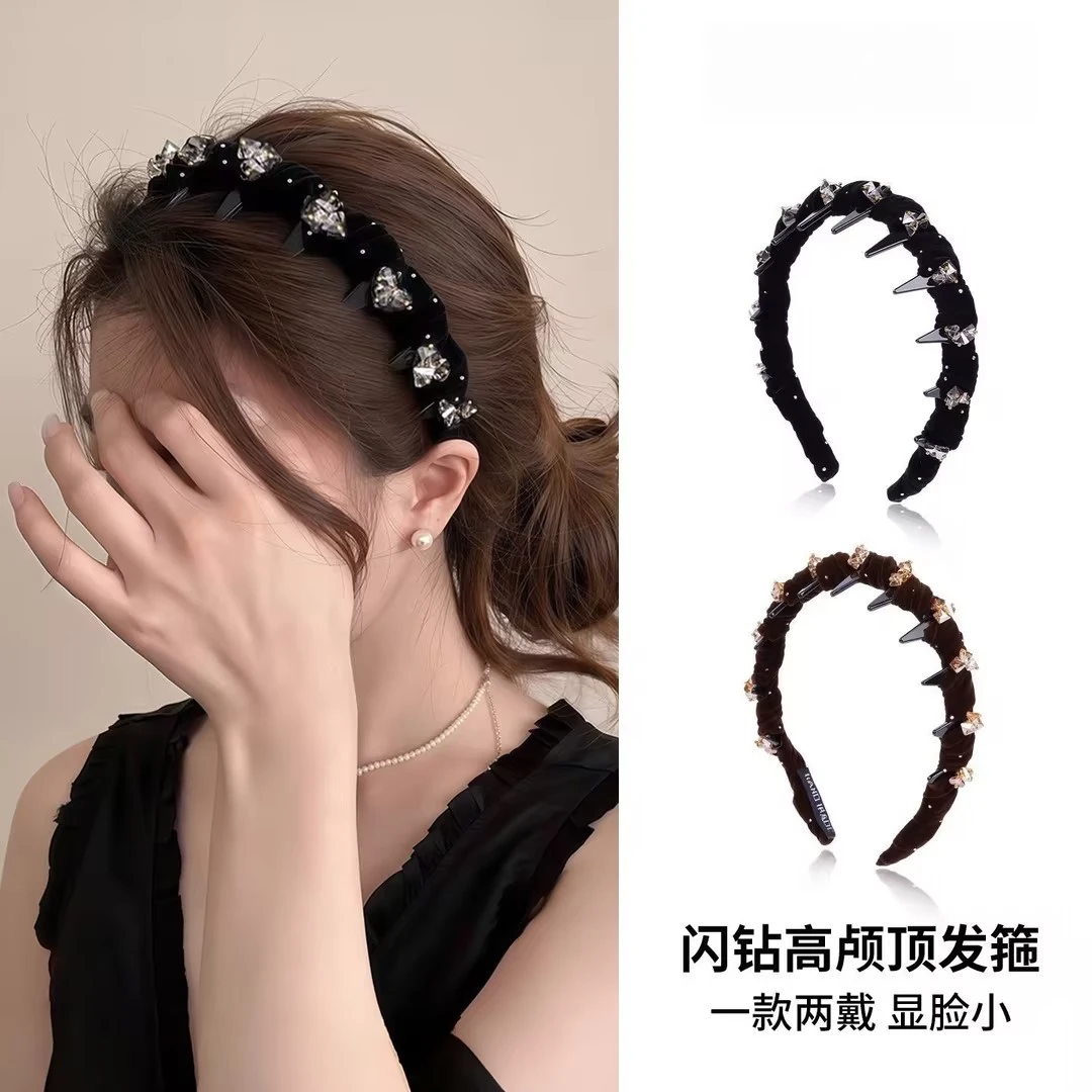 百搭韩国丝绒水钻波浪发箍女轻奢高颅顶头箍洗脸防滑扎头发盘发器